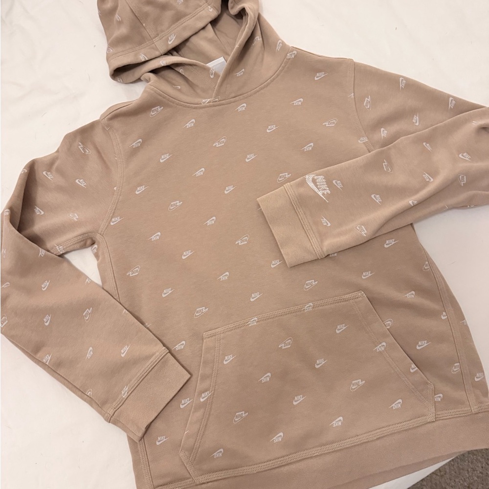 Nike Men's Tan Zip-Up Hoodie with White Mini Logos